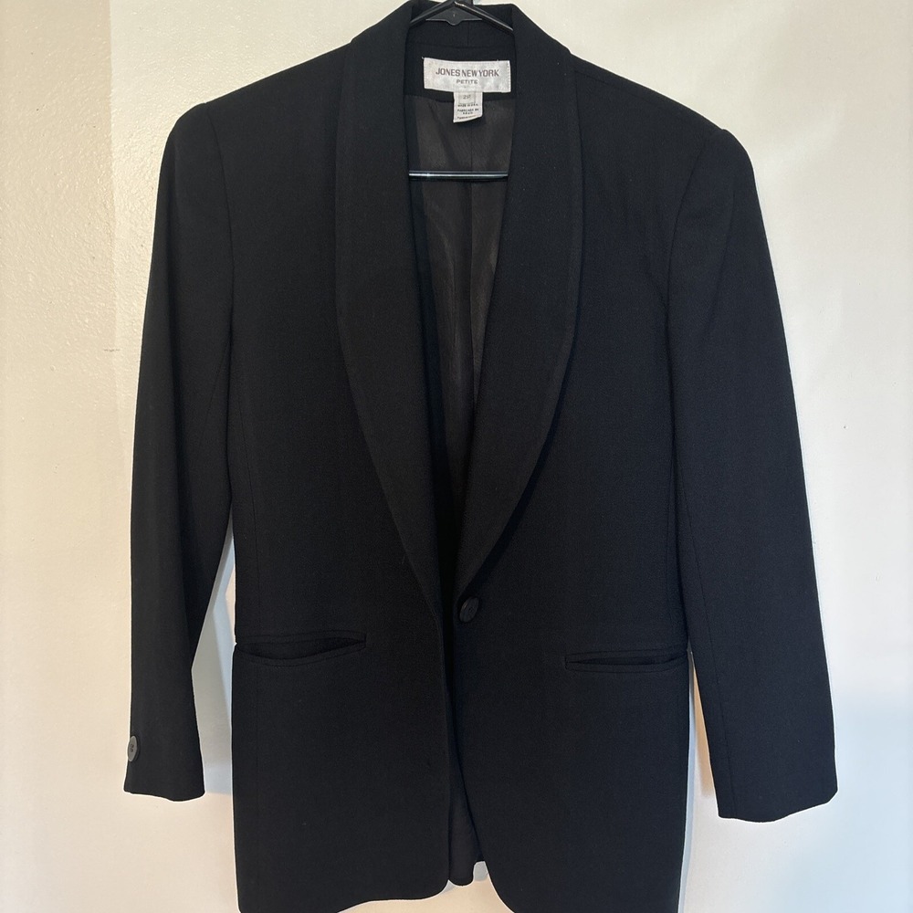 Vtg Jones New York Women's 100% Wool Blazer Black Size 2 One‎ Button